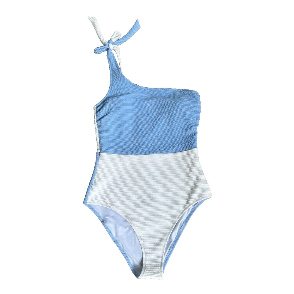NWOT Cupshe Medium One Piece Swimsuit Blue White Ribbed One Shoulder Tie